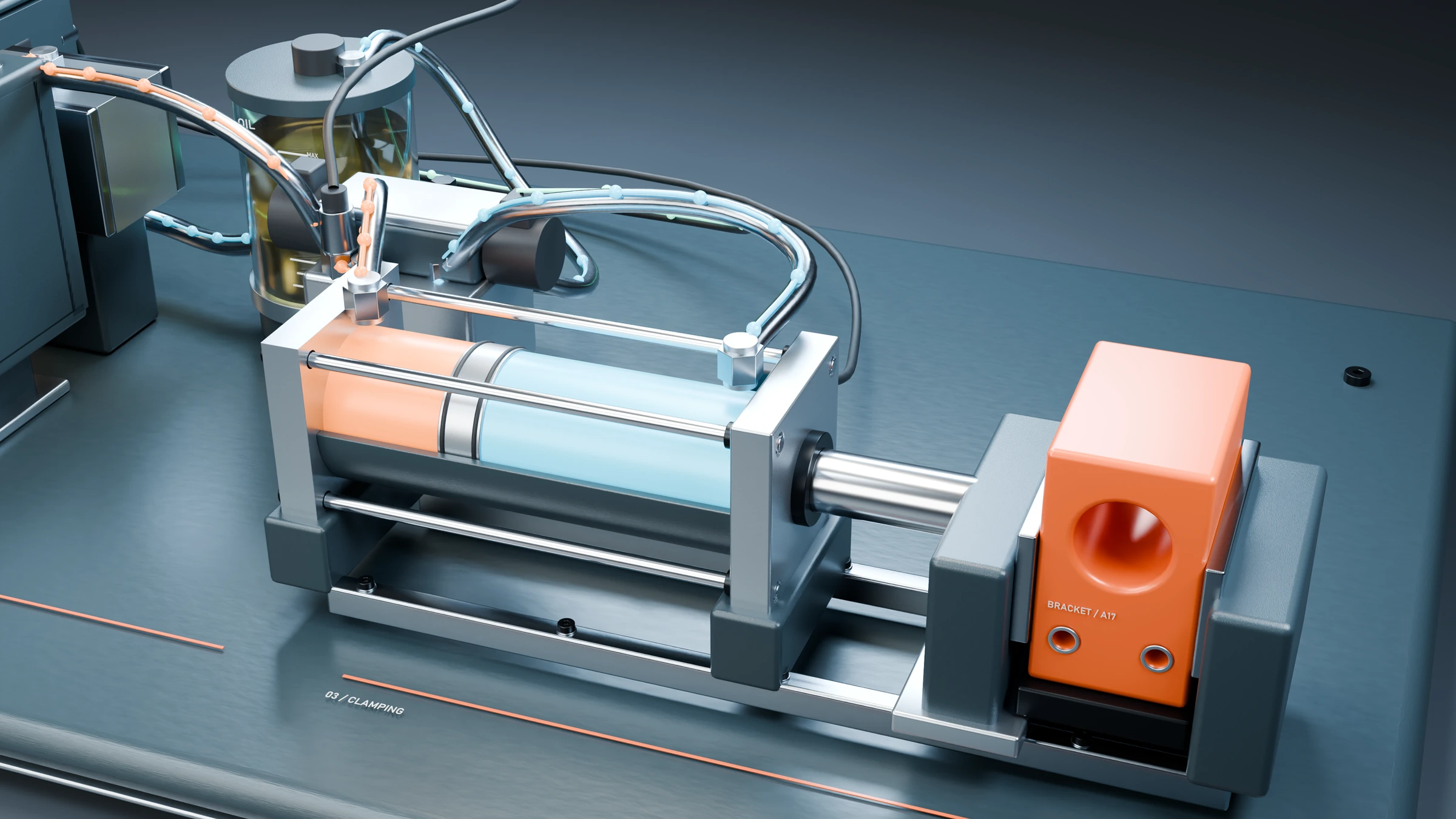Hydraulics / chamber cutaway and clamped workpiece