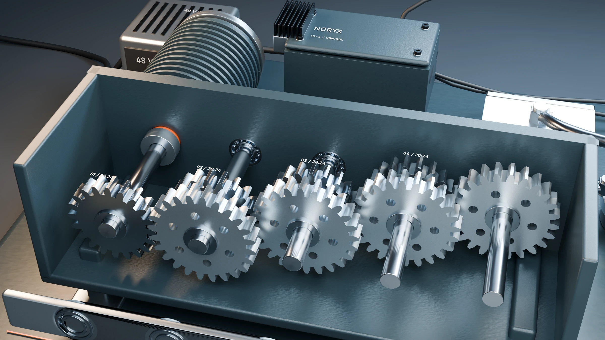 Transmission / motor, shafts and gear stages
