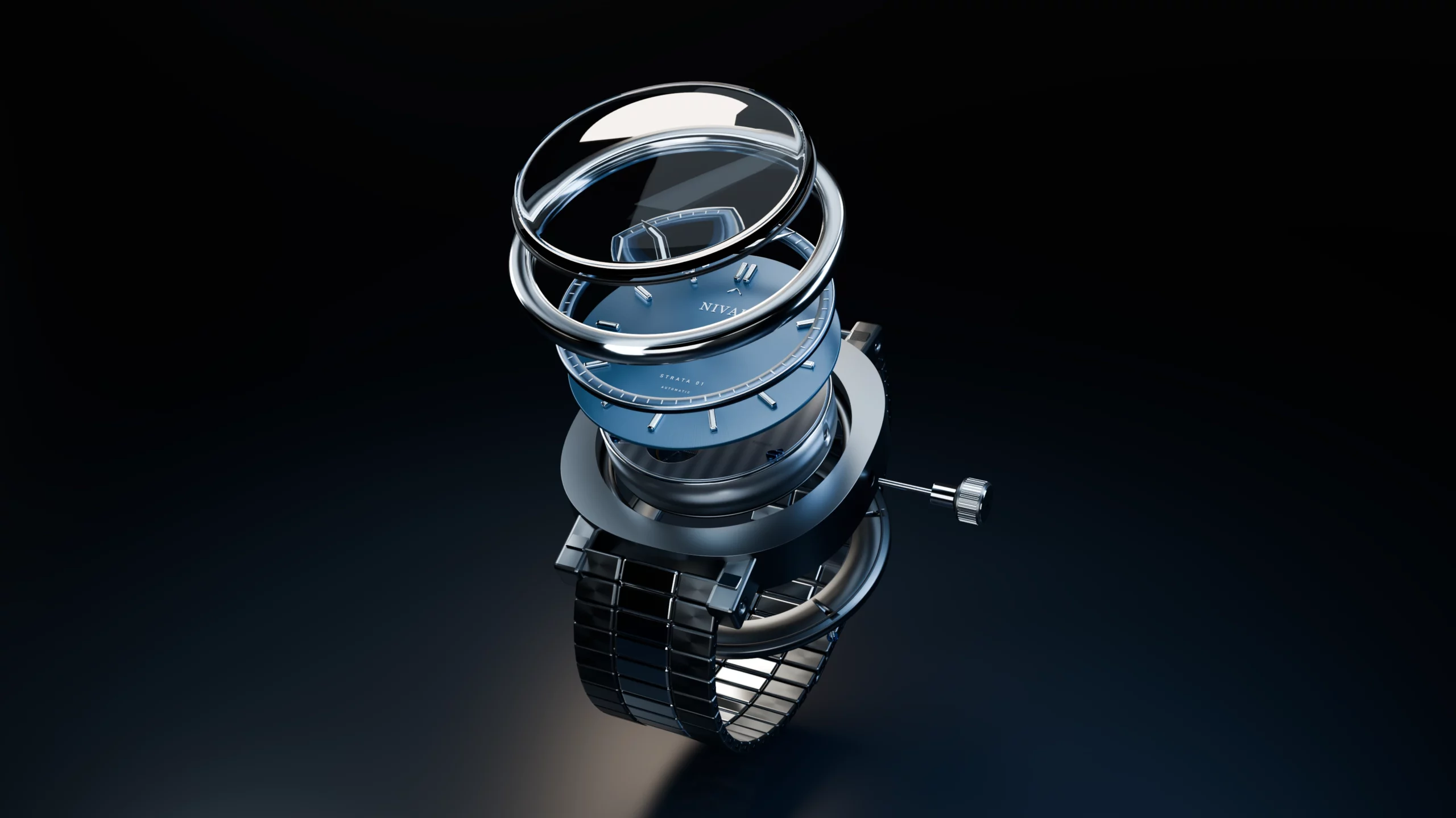 Exploded study / crystal, bezel, dial and case